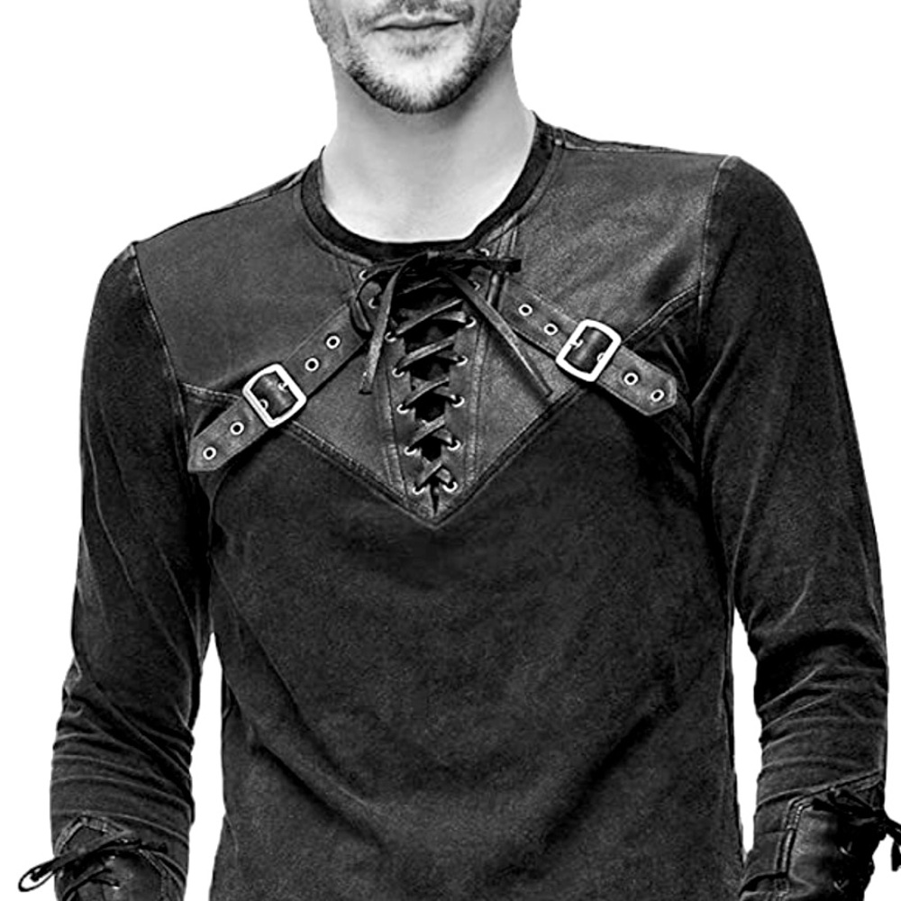 Devil Fashion Steampunk Mens Rave Shirt with Black Leather Accents